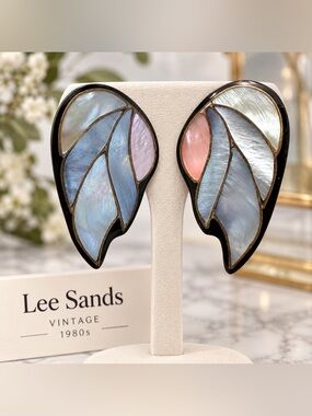 Vintage Lee Sands Mother of Pearl Mosaic Clip On Earrings 1980s